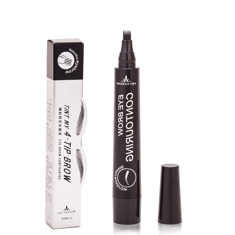 Crayon cylindrique noir pour sourcils imperméable et longue tenue, stylo 4 griffes, avec une pointe fine multi-pointe et un marquage blanc.