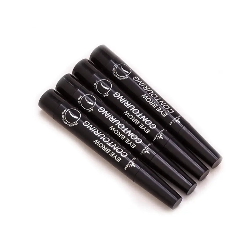 Lot de quatre crayons contouring sourcils cylindriques noirs imperméables et longue tenue, avec texte blanc et logo sur le fût.