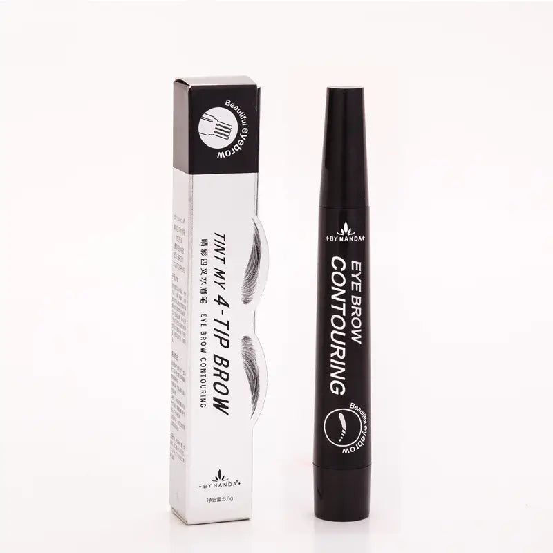 Crayon contouring sourcils cylindrique noir imperméable et longue tenue, avec texte blanc et logo affichés, accompagné d’un emballage assorti noir et blanc pour le stylo 4 griffes.