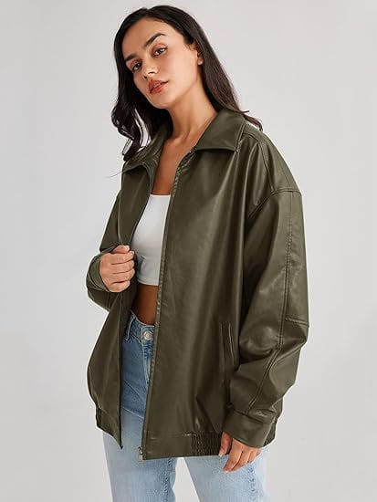 Veste bomber en simili cuir vert olive, grande taille pour femmes, avec col classique et fermeture à glissière à l’avant, au style motard.