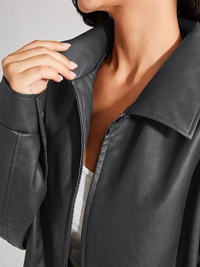 Veste motard en simili cuir noir, grande taille pour femmes, bomber, avec col structuré et fermeture à glissière.