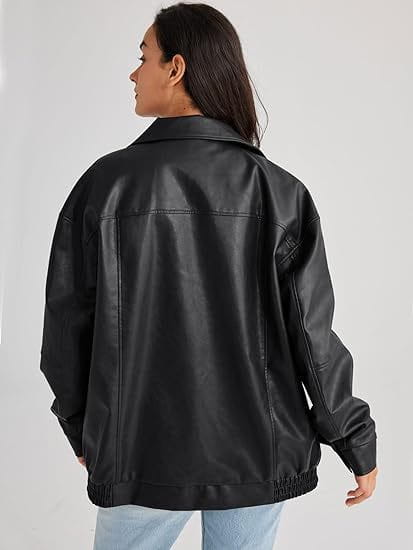Veste motard en simili cuir noir, grande taille pour femmes, bomber, avec coupe ample et poignets côtelés, vue depuis l’arrière