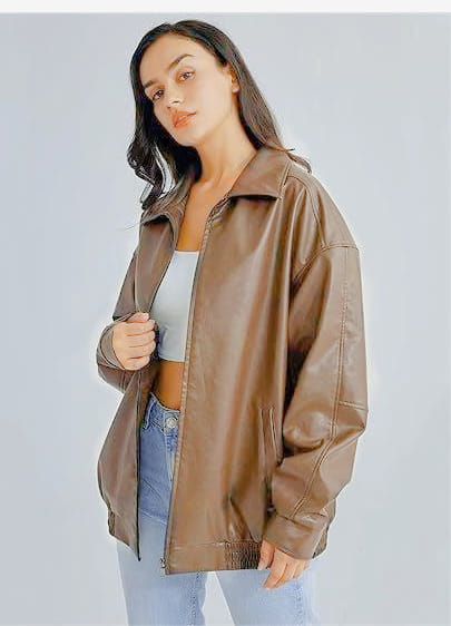 Veste bomber en simili cuir marron, grande taille pour femmes, avec col classique et fermeture à glissière à l’avant, conçue comme une veste motard.