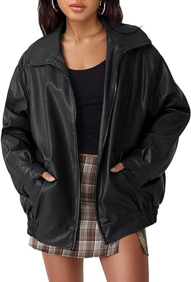 Veste bomber en simili cuir noir, grande taille pour femmes, avec coupe ample et poignets côtelés, conçue pour un style motard.