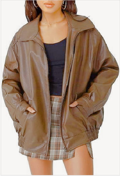 Veste motard en simili cuir marron, grande taille pour femmes, bomber, avec finition mate et poignets élastiques, vue depuis l’arrière.