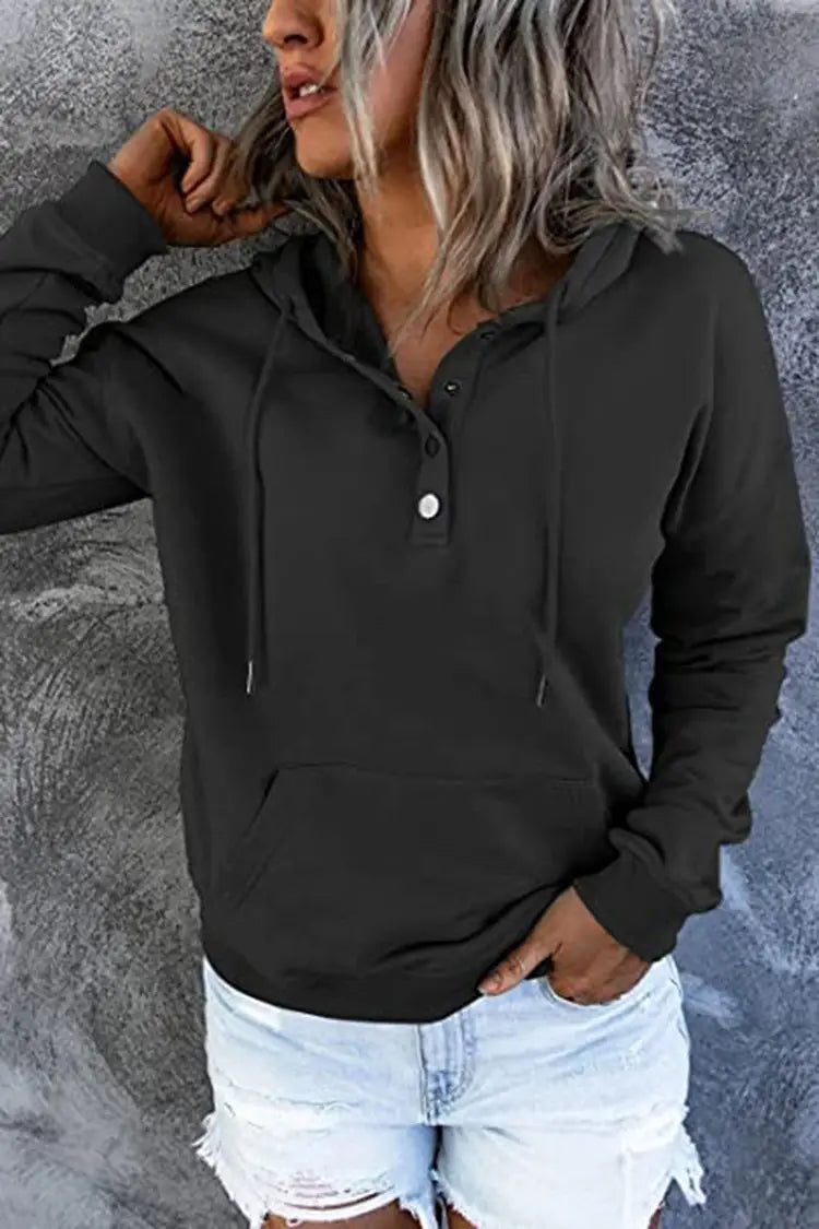 Black hooded sweatshirt for women with button-front detail and drawstrings made from soft material for casual wear.