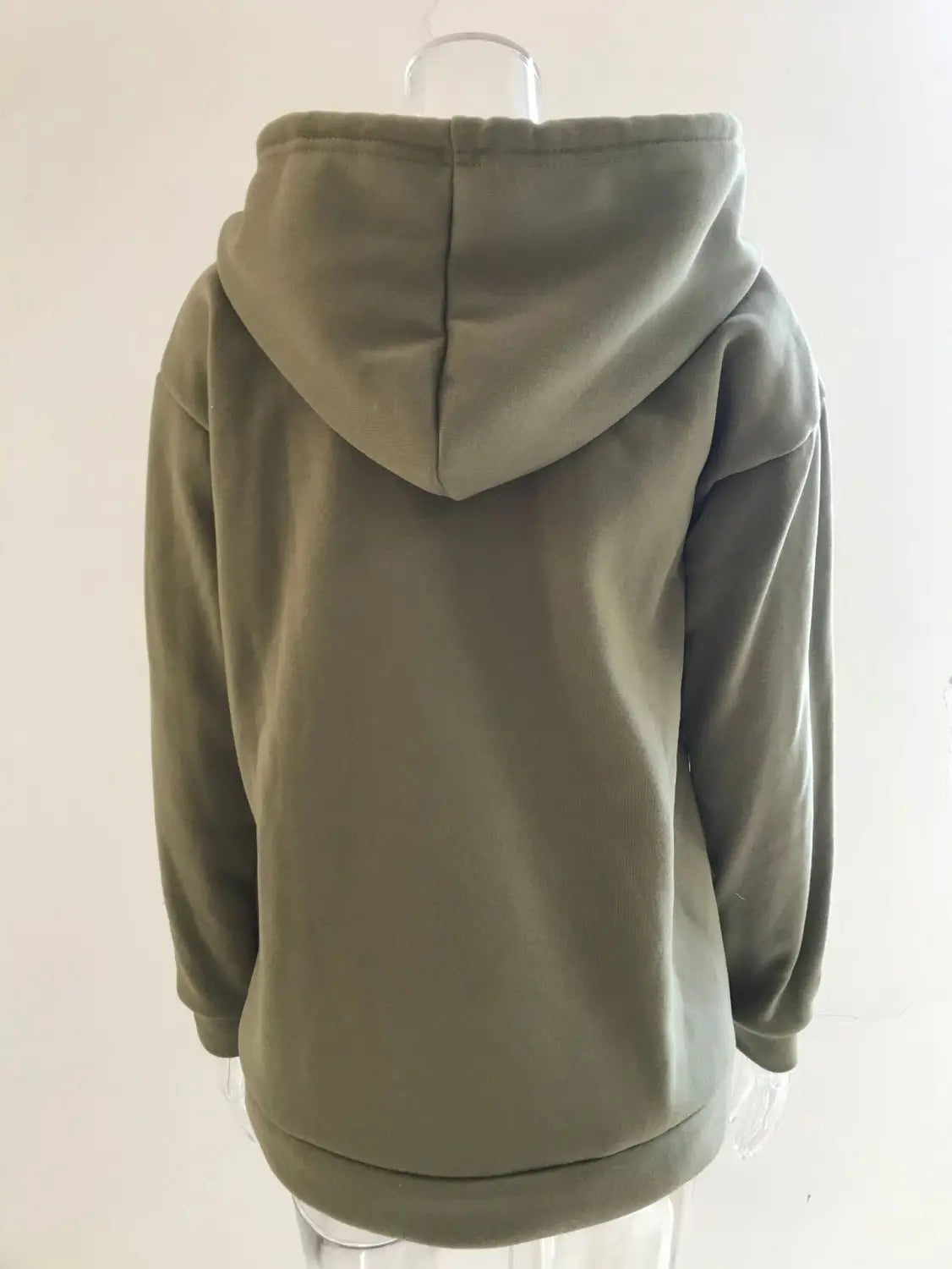 Women’s button neck drawstring hooded sweatshirt in olive green with a soft fleece-like texture and ribbed cuffs and hem.