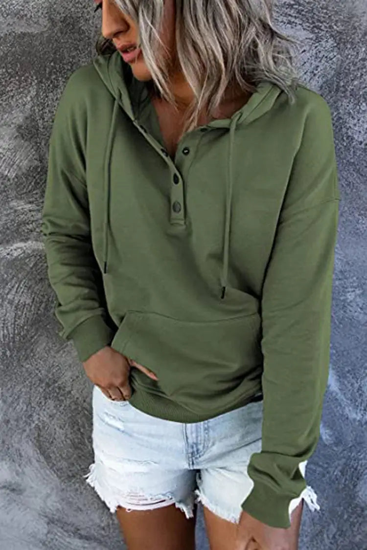 olive green women’s button neck drawstring hooded sweatshirt with long sleeves, buttoned placket, and front pocket made from soft material