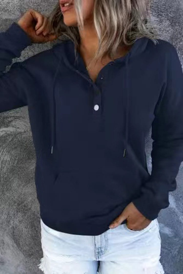 navy blue long-sleeved women button neck drawstring hooded sweatshirt with a buttoned placket and hood designed for casual wear.