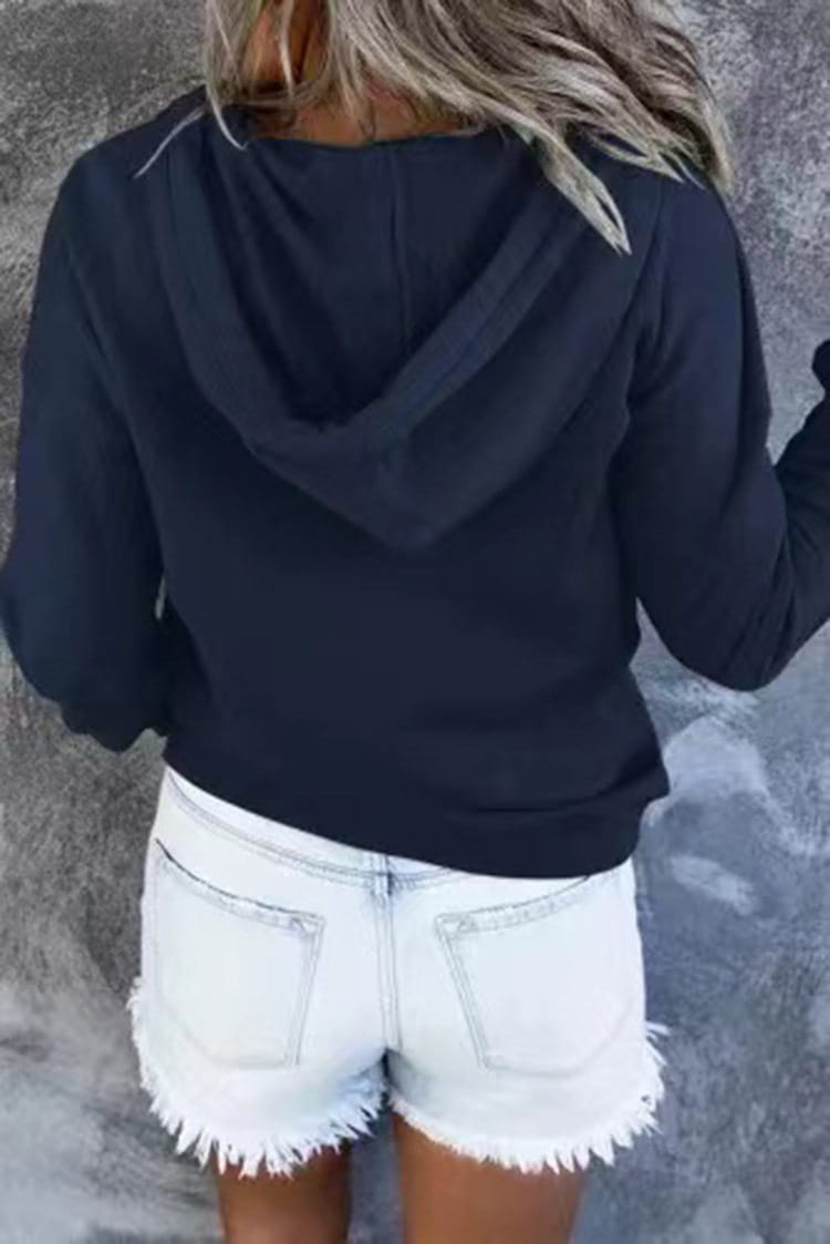 Women’s button neck drawstring hooded sweatshirt in black with long sleeves relaxed fit and ribbed cuffs.