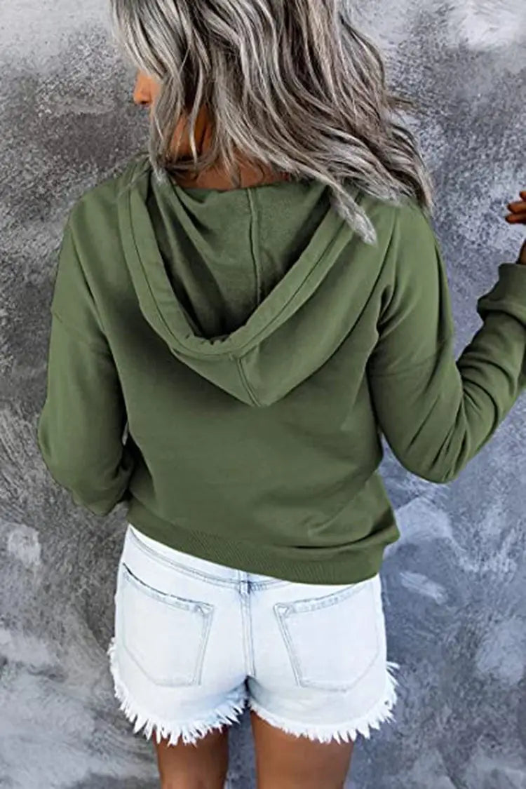 Olive green women’s button neck drawstring hooded sweatshirt with long sleeves and a relaxed fit.