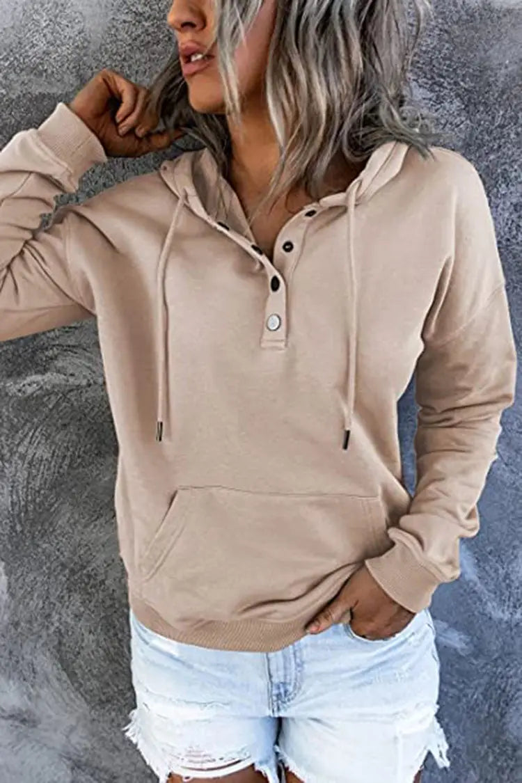 Women beige long-sleeved button neck drawstring hooded sweatshirt featuring a hoodie with button-front detail and front pocket.