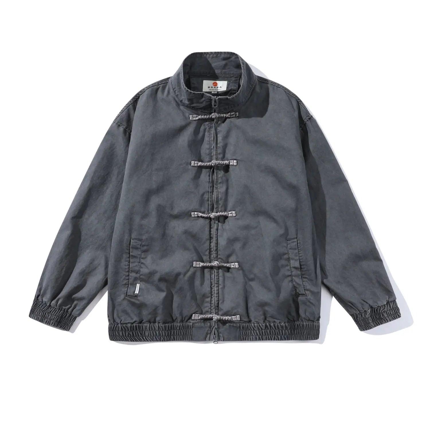 Veste rétro pour homme de style chinois en gris foncé, à manches longues, col mao et fermetures traditionnelles à bouton-patte.