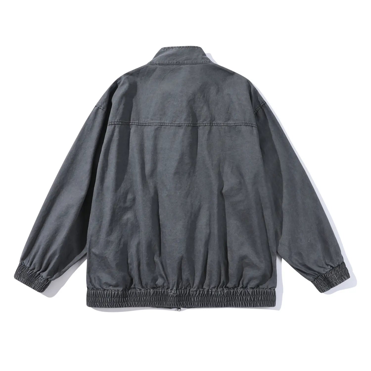 Veste bomber rétro pour homme de style chinois en gris foncé, à l’aspect de tissu lisse, poignets élastiques et ceinture ajustée.