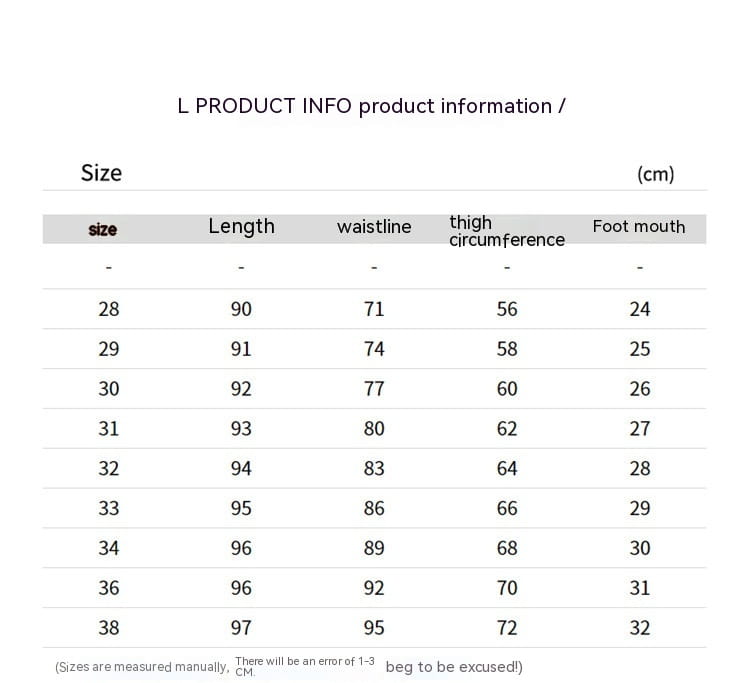 Size chart for men’s casual tapered jogger pants showing measurements in centimeters for sizes 28 to 38.