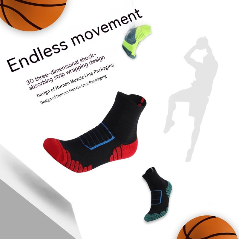 athletic knee high sports sock in black with red toe and heel, blue accent stripes, and textured grip patterns for enhanced performance.