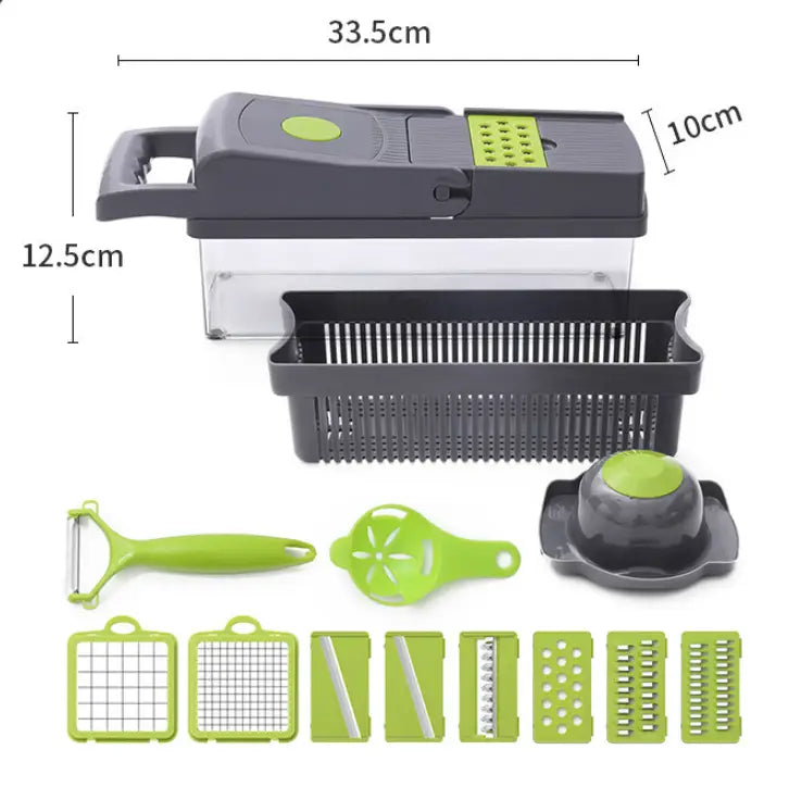 green and black multi-functional 13 in 1 mandoline vegetable chopper slicer with interchangeable blades for versatile slicing and chopping tasks