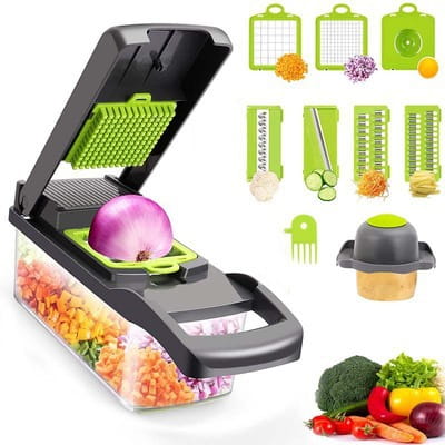 Black and green 13 in 1 mandoline slicer vegetable chopper with interchangeable blades for slicing dicing grating and shredding.