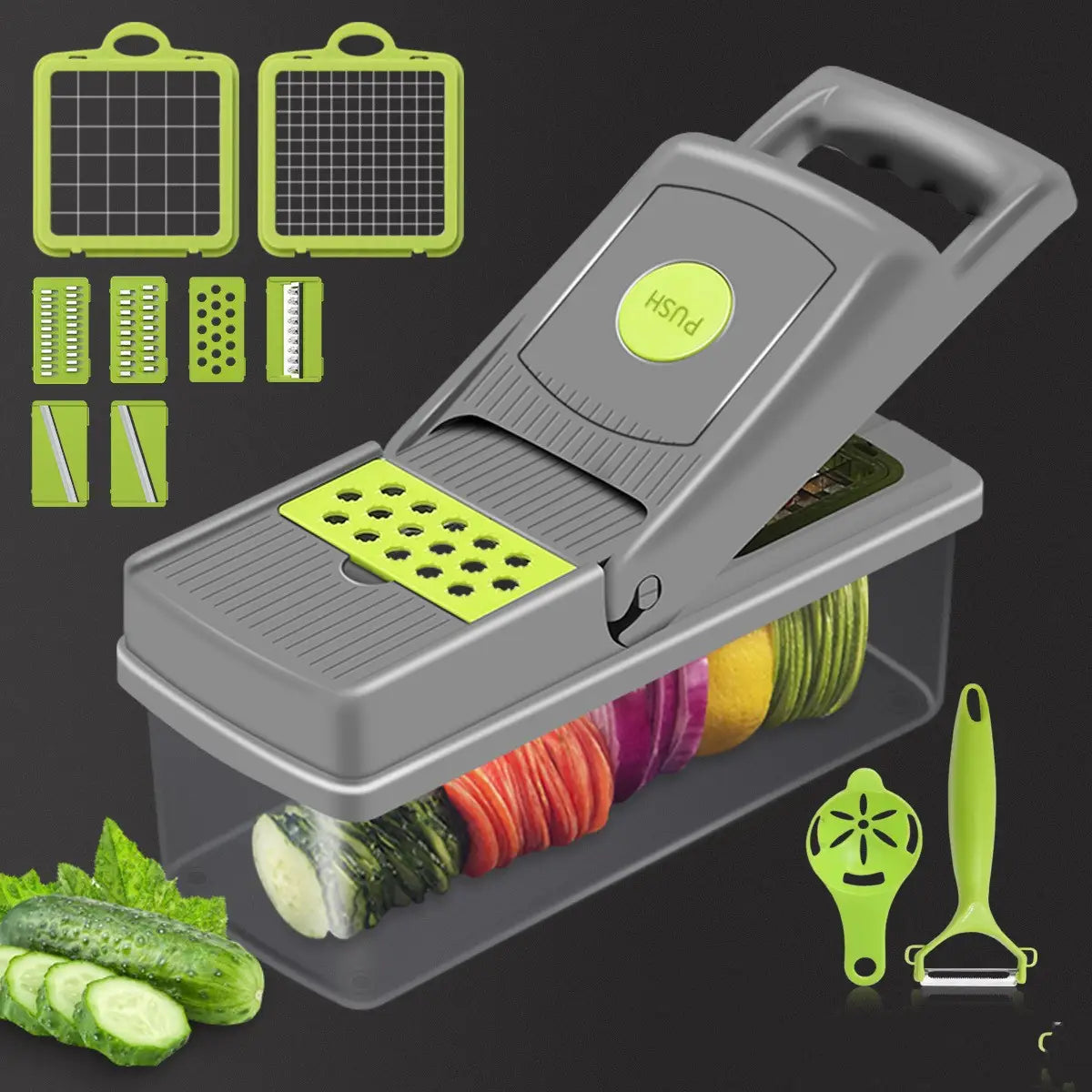 Gray and lime green vegetable chopper 13 in 1 mandoline slicer with interchangeable blades and a clear storage tray for efficient vegetable slicing.