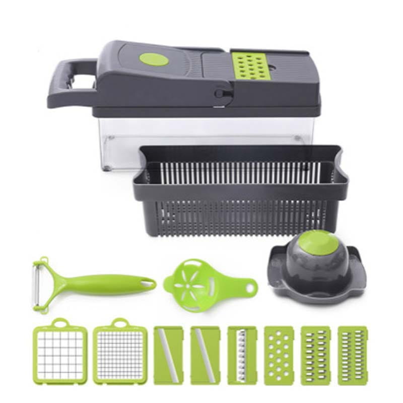 Green and black multi-functional vegetable chopper 13 in 1 mandoline slicer with interchangeable blades for versatile slicing and chopping.