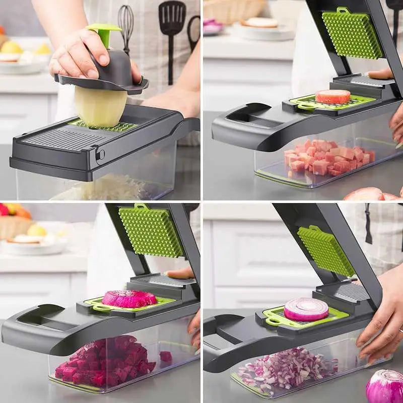 Black and green multi-function vegetable chopper 13 in 1 mandoline slicer with interchangeable blades for dicing slicing and grating vegetables in durable material