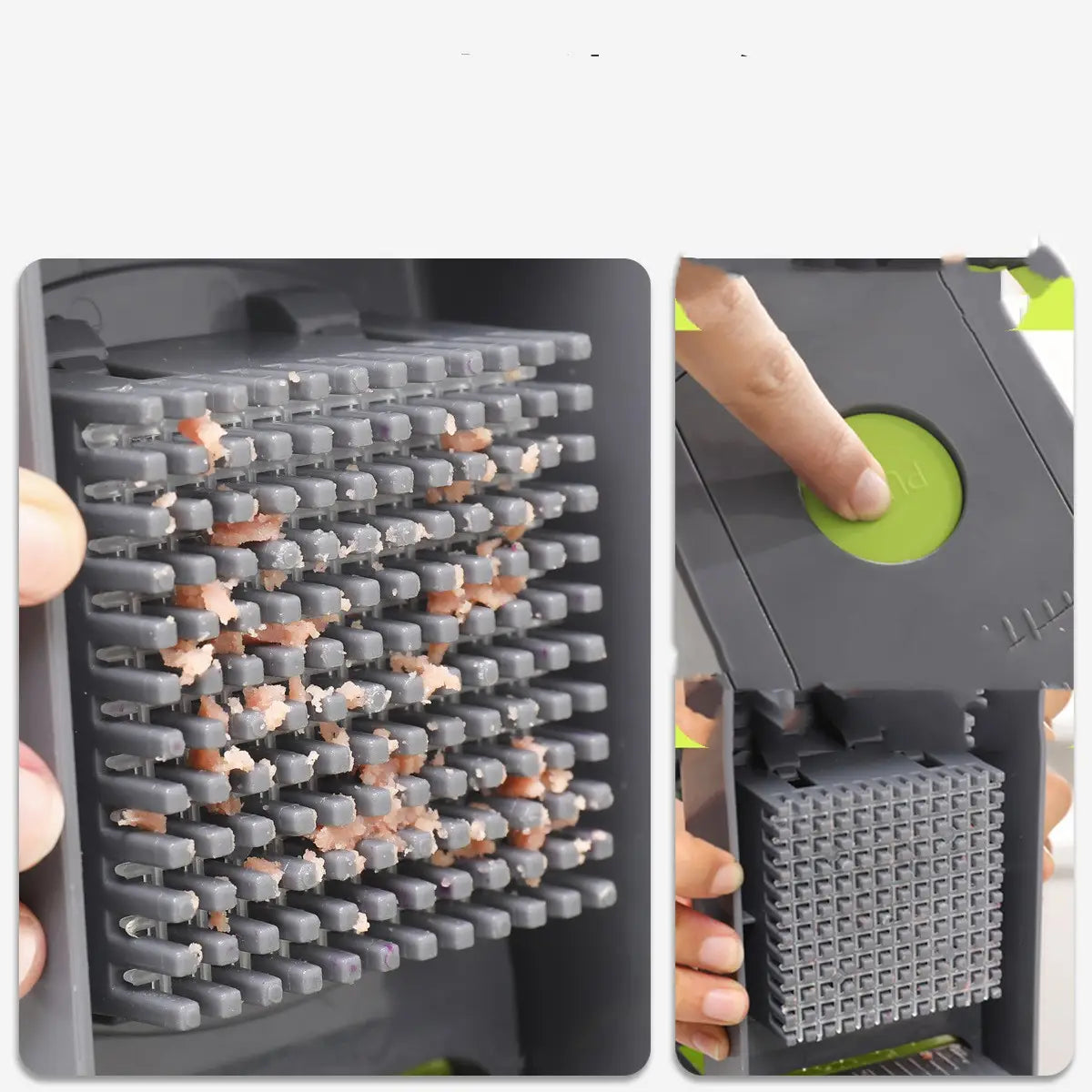 Gray plastic vegetable chopper with a green circular button and multiple rows of small square-shaped grating teeth designed as a 13 in 1 mandoline slicer with blades.