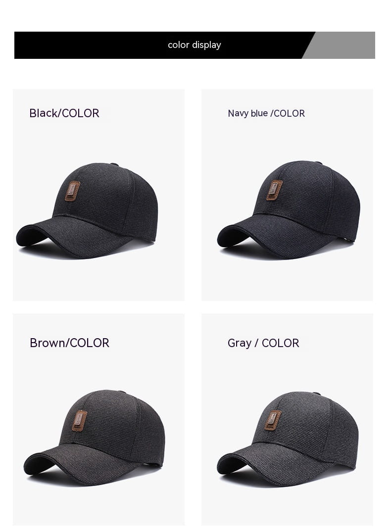 Black navy blue brown and gray textured cotton baseball caps with a small rectangular leather patch on the front.