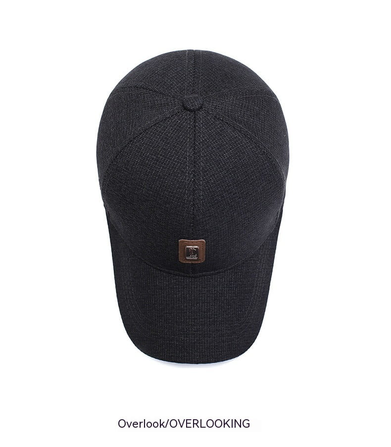 Black textured cotton baseball cap with a small brown leather patch on the front.