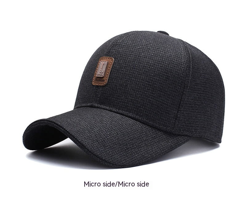 Dark gray textured cotton baseball cap with a brown leather patch on the front.