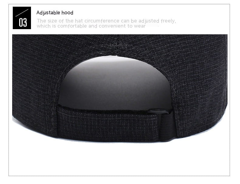 black denim-textured baseball cap with adjustable hood and black plastic buckle showing the back side of the textured cotton baseball cap with leather patch