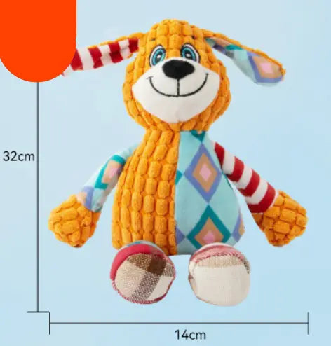 Ein orangefarbenes Plüsch-Hasen-Quietsch-Hundespielzeug mit gestreiften und gemusterten Stoffdetails, entworfen für interaktives Kauen.
