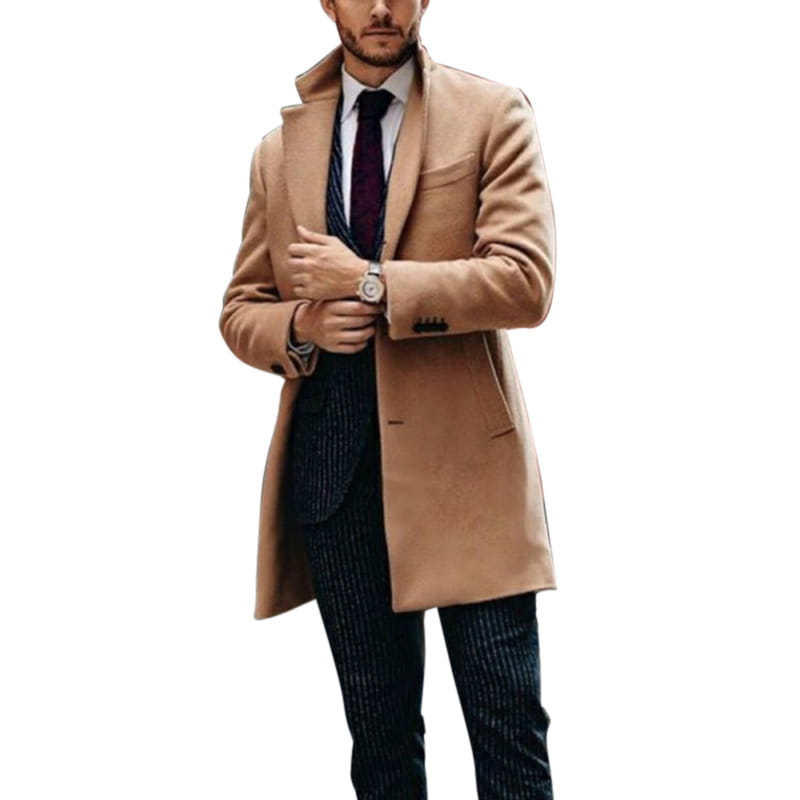A stylish camel-colored mens double sided woolen overcoat featuring a classic notched lapel and two front pockets.