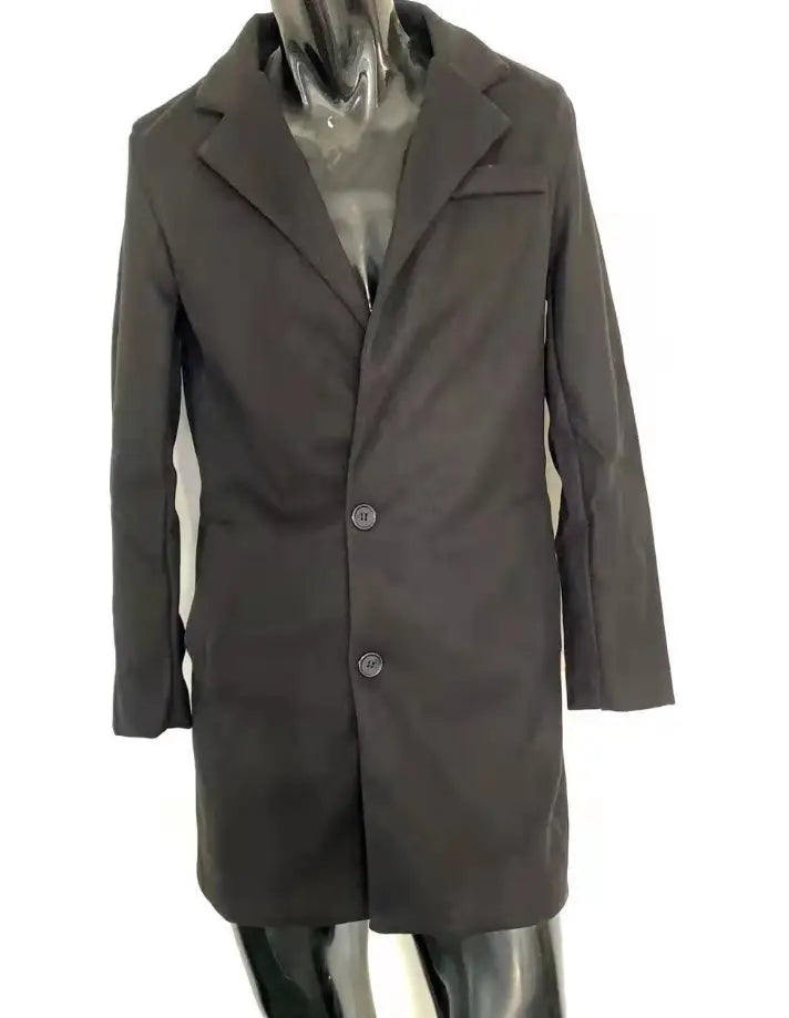 Black single-breasted mens double sided woolen overcoat with two front buttons and notched lapels.