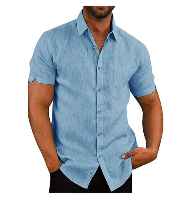 Men’s light blue textured short sleeve button up shirt with a subtle weave and pocket.