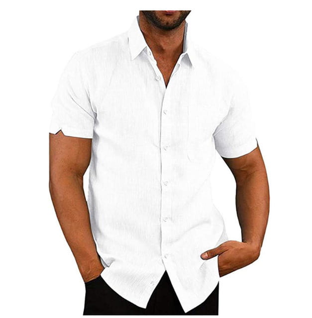 Men’s white short-sleeved button-up shirt with classic collar and subtle textured fabric featuring a chest pocket.