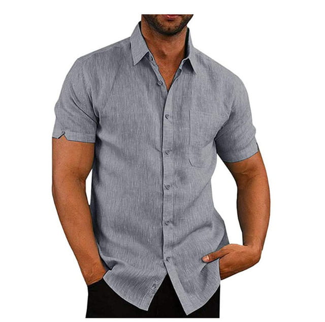 Men’s gray short sleeve button up shirt with a subtle textured weave and chest pocket.