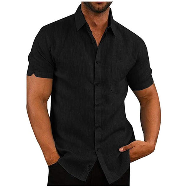 Men’s black textured short sleeve button up shirt with classic collar and chest pocket.