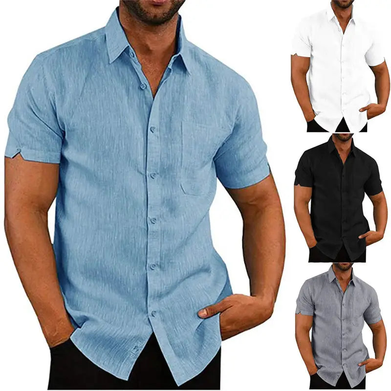 Men’s light blue short sleeve button up shirt with a subtle textured weave and a pocket.