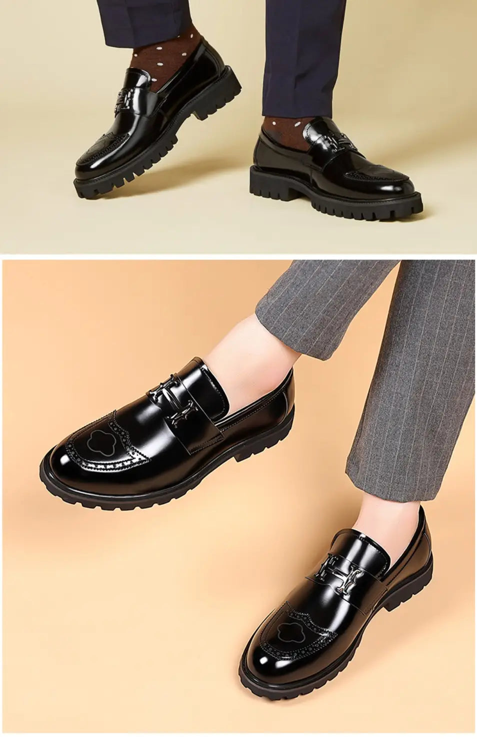 Mocassins en cuir verni noirs avec finition lustrée, présentant des détails brogue ornés et une semelle en caoutchouc massif affichée depuis la face arrière.