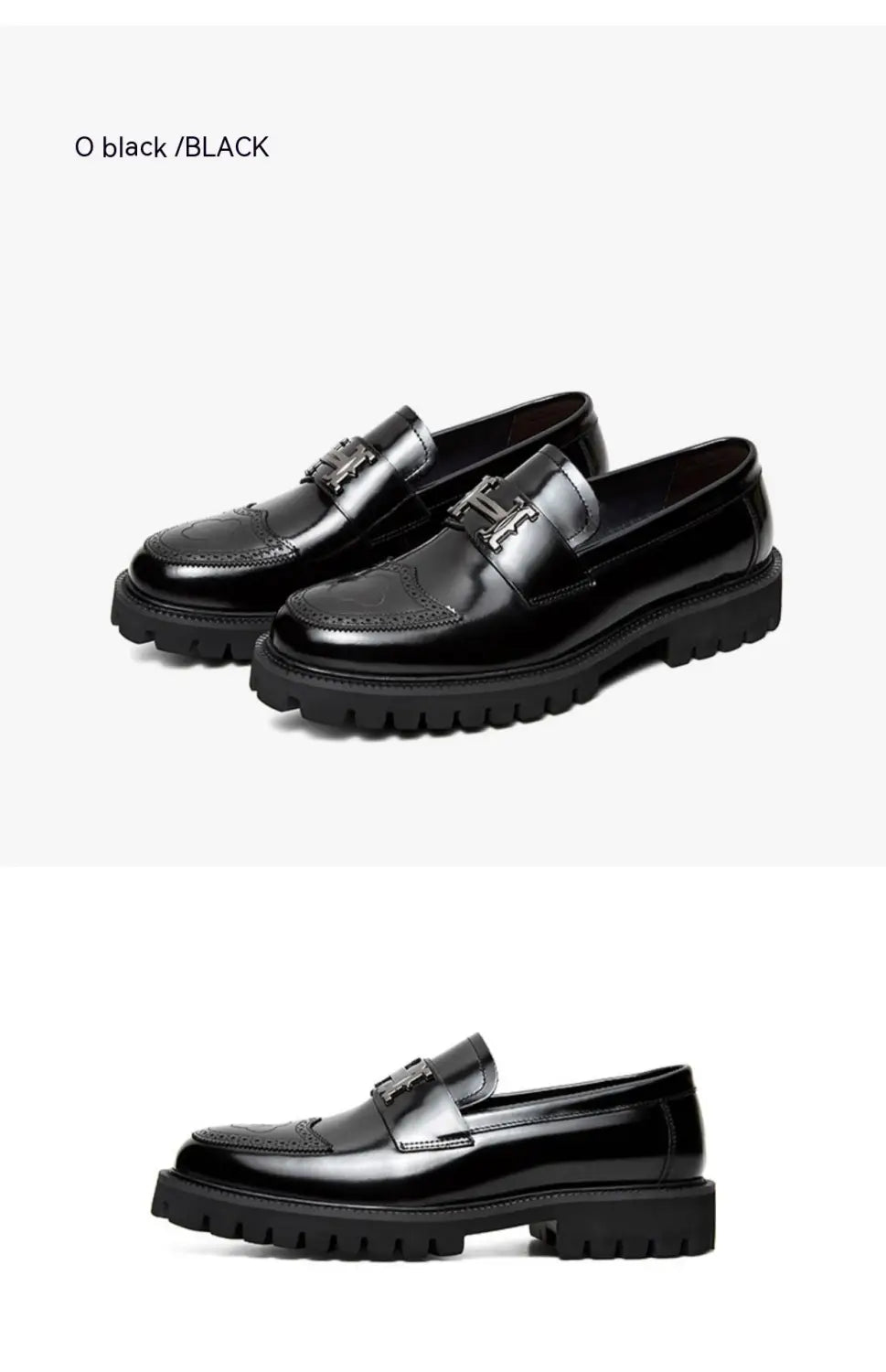 Mocassins en cuir verni noirs avec une finition lustrée et des semelles en caoutchouc texturé massif, offrant une alternative moderne au modèle classique de mocassins en cuir bordeaux avec boucle et semelle en caoutchouc.