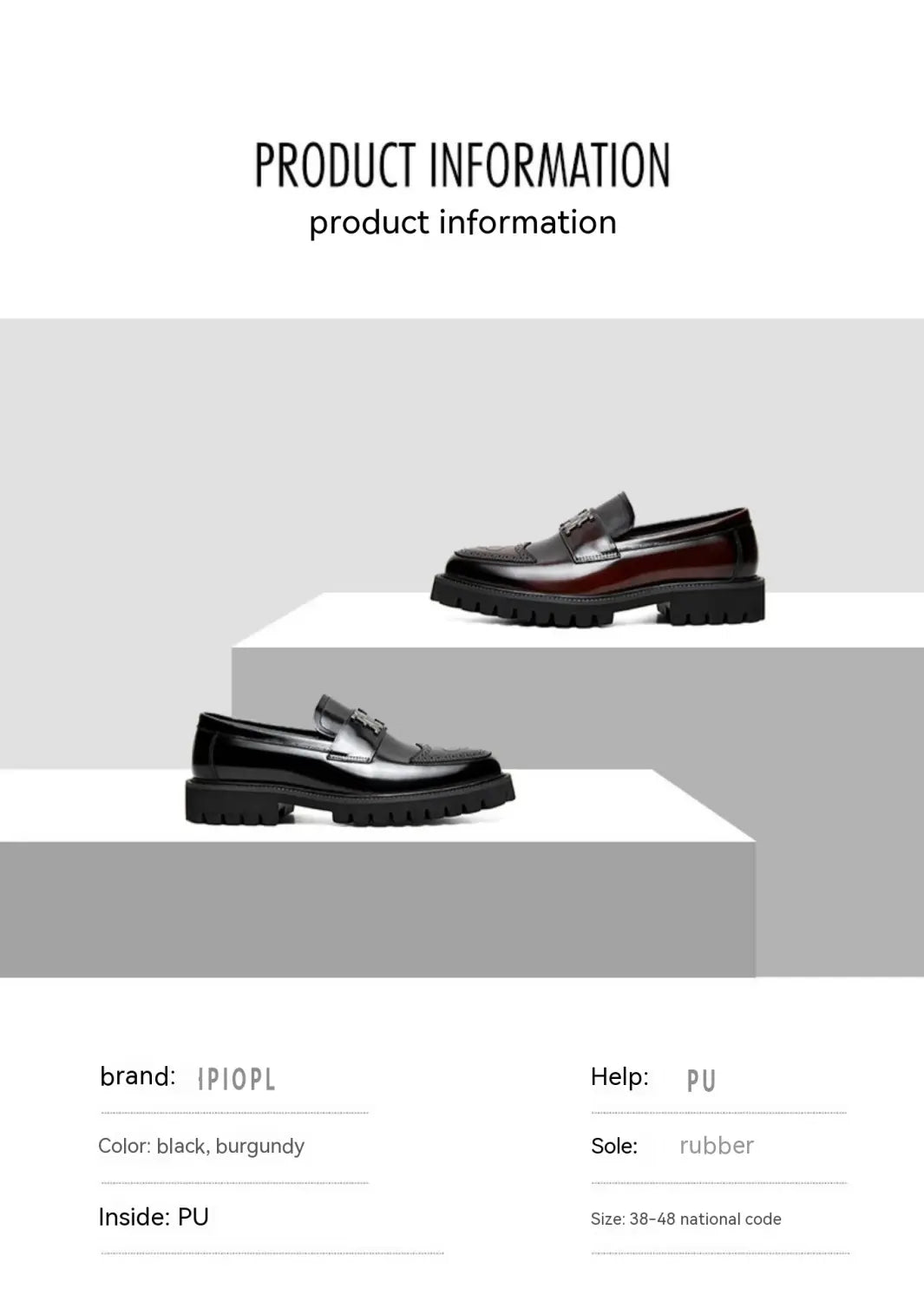 Mocassins en cuir bordeaux avec une boucle et une semelle en caoutchouc noir massif.