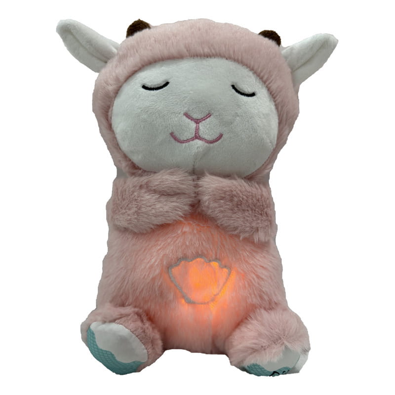 Agneau rose en peluche pour bébé, jouet apaisant avec musique et respiration, pour aider au sommeil, doté d’une texture douce et duveteuse, de traits du visage brodés et d’un cœur lumineux sur le ventre.