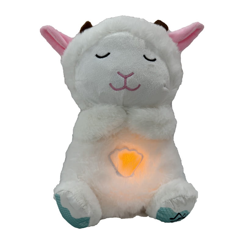 Agneau blanc en peluche pour bébé, jouet apaisant avec musique et respiration, pour aider au sommeil, avec des oreilles et des sabots roses et un cœur orange lumineux sur le ventre.