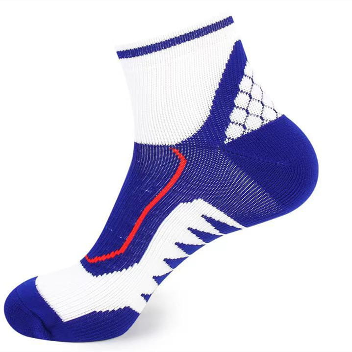 Mens colorblock athletic sock in blue and white with a red accent stripe and a mesh pattern on the heel made from cotton for sweat absorbing.