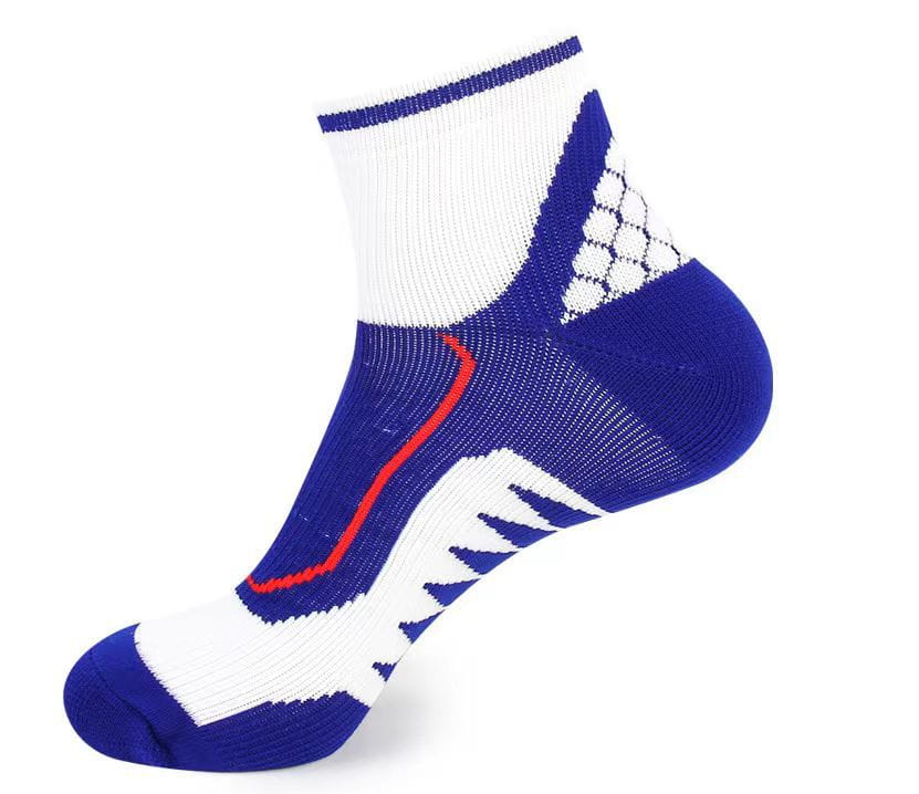Mens colorblock athletic sock in blue and white with red accent stripe and mesh heel pattern made of cotton for sweat absorbing use.