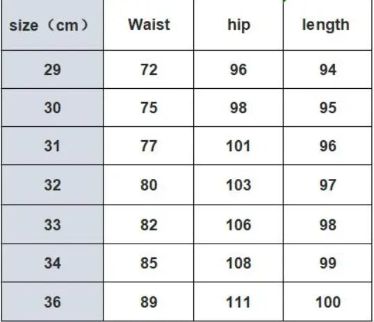 Size chart table displaying waist hip and length measurements in centimeters for men slim solid color straight trousers sizes 29 to 36.