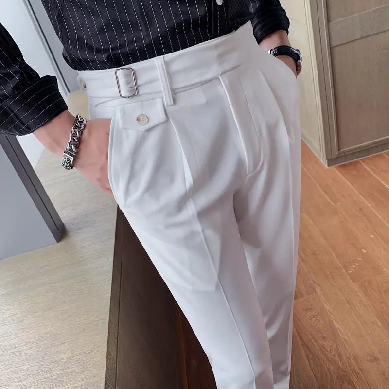 Men slim solid color straight trousers in white fabric featuring a tailored design with a structured waistband and silver-toned belt buckle and button detail.