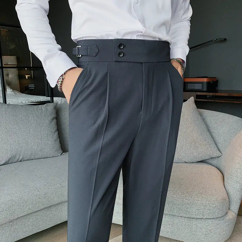 Dark gray high waist tailored slim straight trousers for men with pleated front and two-button closure.