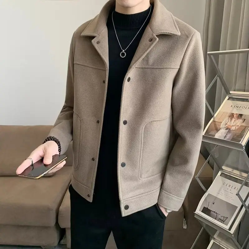 beige wool-blend men woolen coat casual jacket with classic collar and button closures