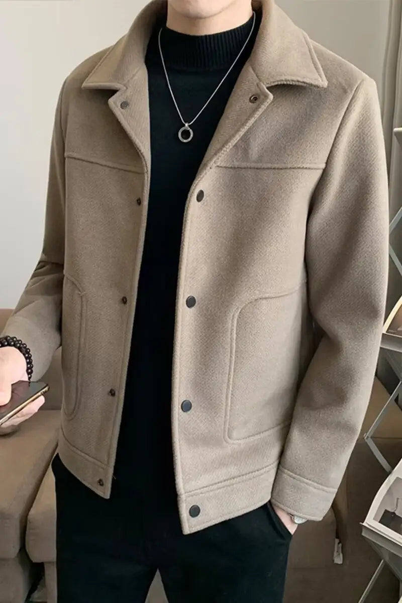 beige woolen men jacket with classic collar and front button closure designed as a casual coat